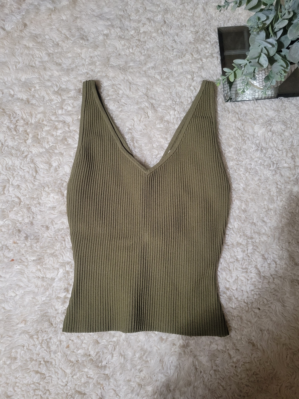 Babaton Olive Green Ribbed V-Neck Tank